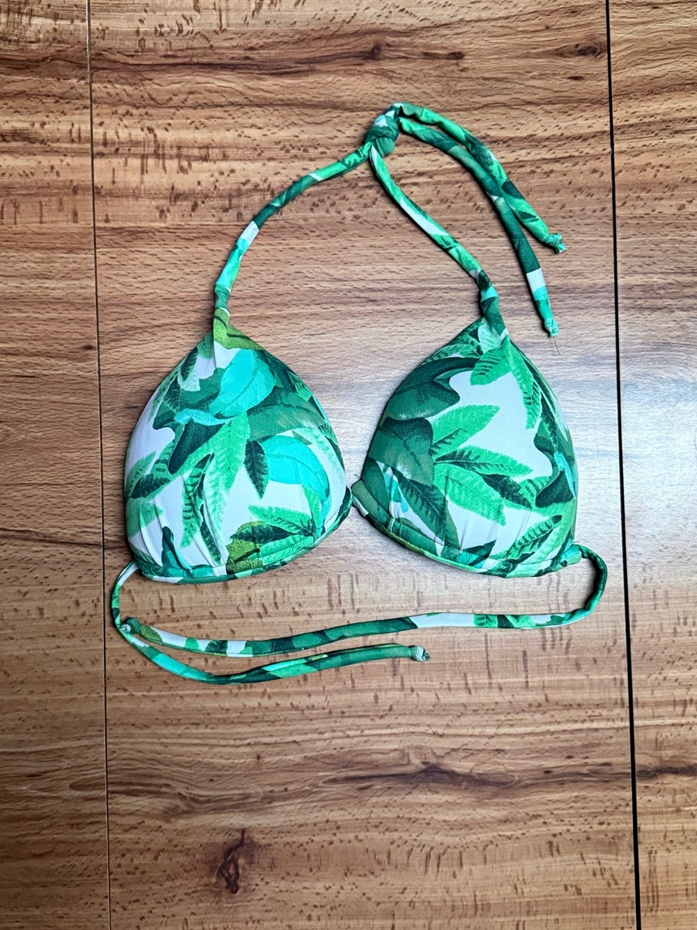 Botanical Green Leaf Print Padded Triangle Bikini Top - Women Swim